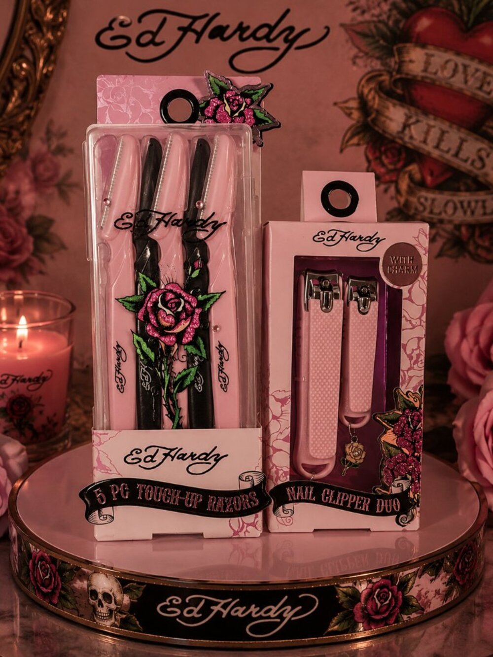 NIB Ed Hardy Grooming Set: 5 Pc Dermaplaning Razors & Nail Clipper Duo Pink